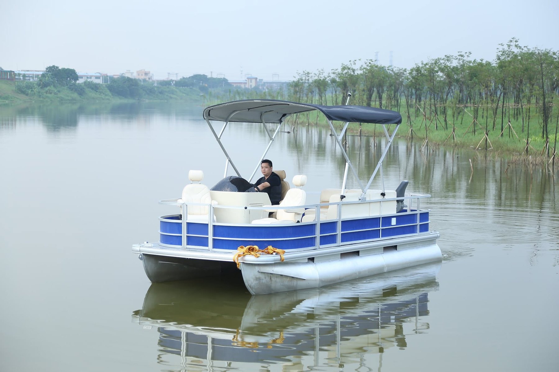 Pontoon boat concept on calm water